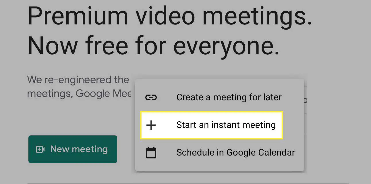  Botão Iniciar uma reunião instantânea destacado no Google Meet.