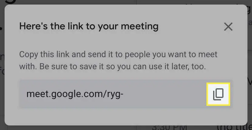 O botão copiar link destacado no Google Meet.