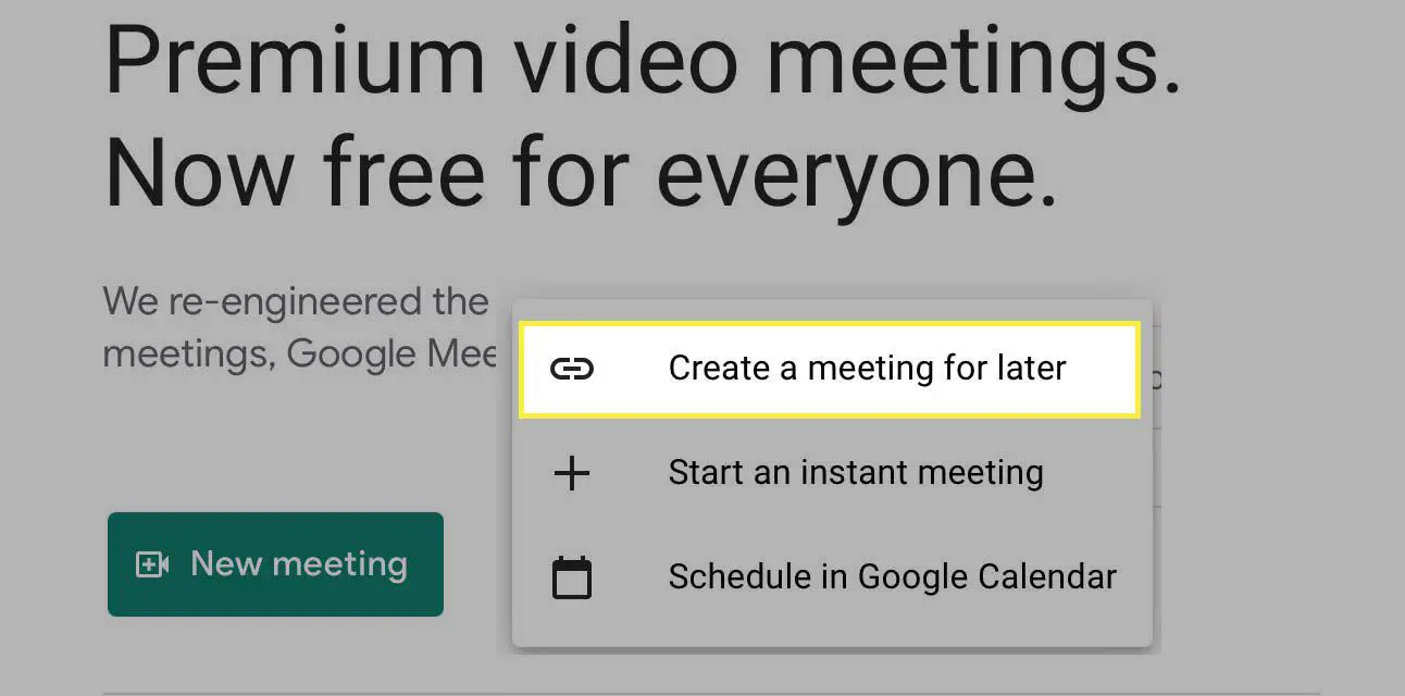 O botão Criar uma reunião para mais tarde destacado no Google Meet.