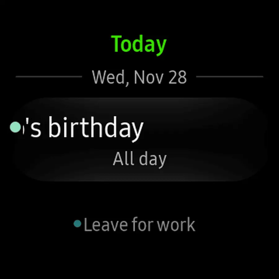 Captura de tela do aplicativo de calendário Galaxy Watch.