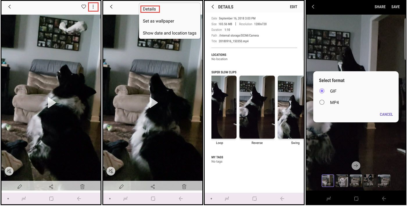 Como salvar um vídeo em câmera lenta como GIF no Galaxy Note 9.