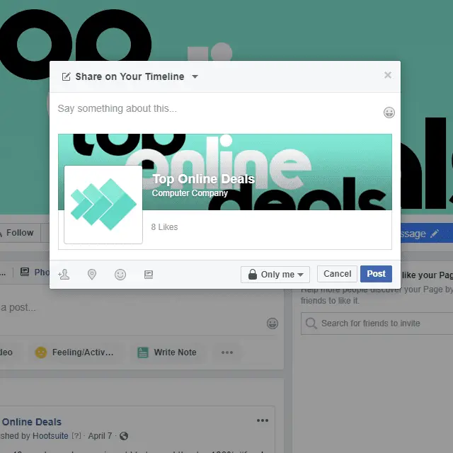 Captura de tela mostrando como compartilhar uma página do Facebook em sua linha do tempo