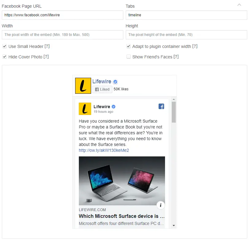 Captura de tela das configurações do plug-in da página do Facebook