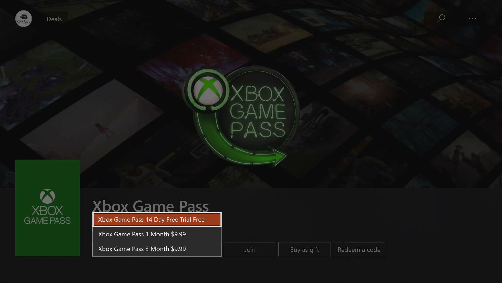Uma captura de tela da opção de seleção de assinatura do Xbox Game Pass.