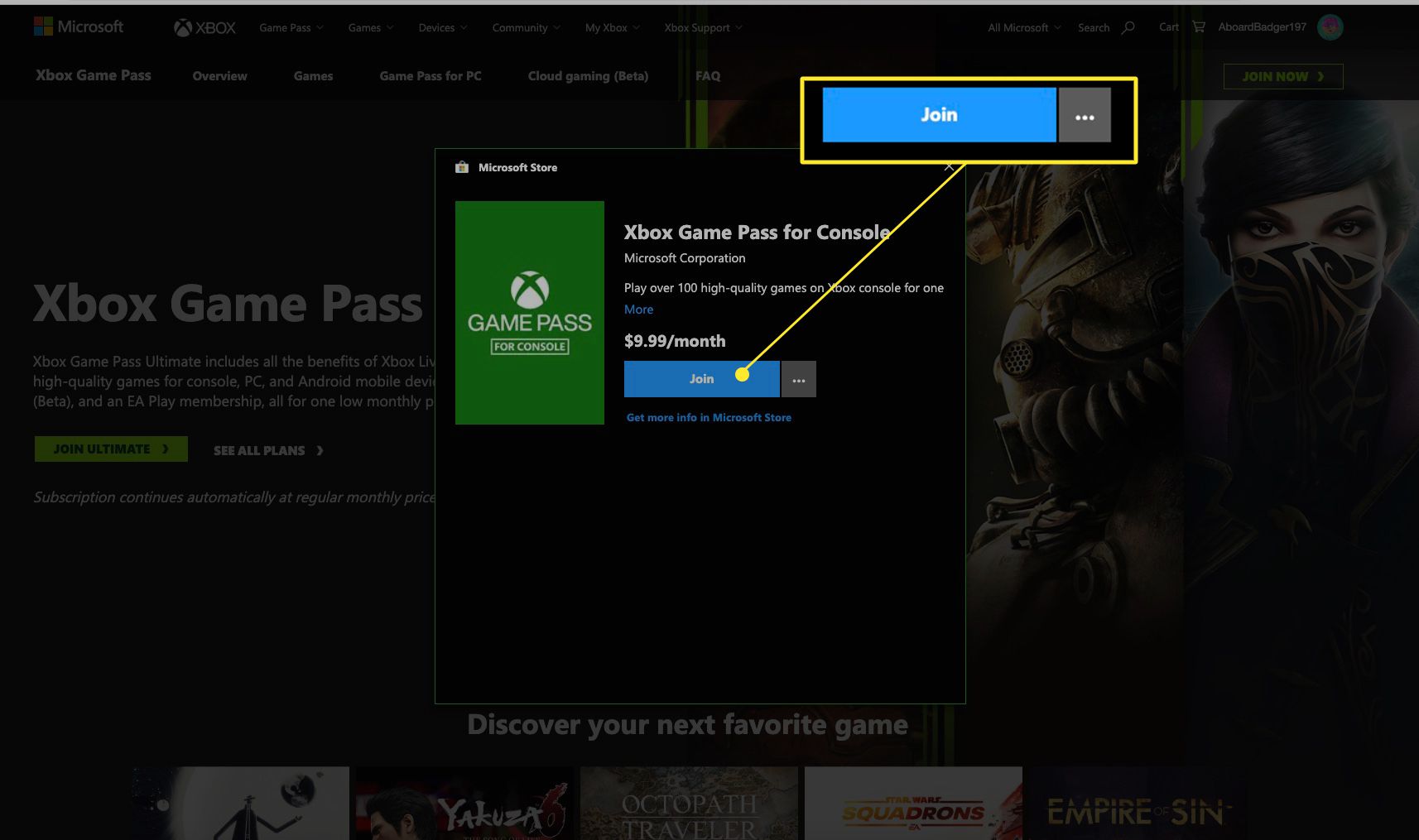 Clique em Aderir para concordar com um passe de jogo Xbox