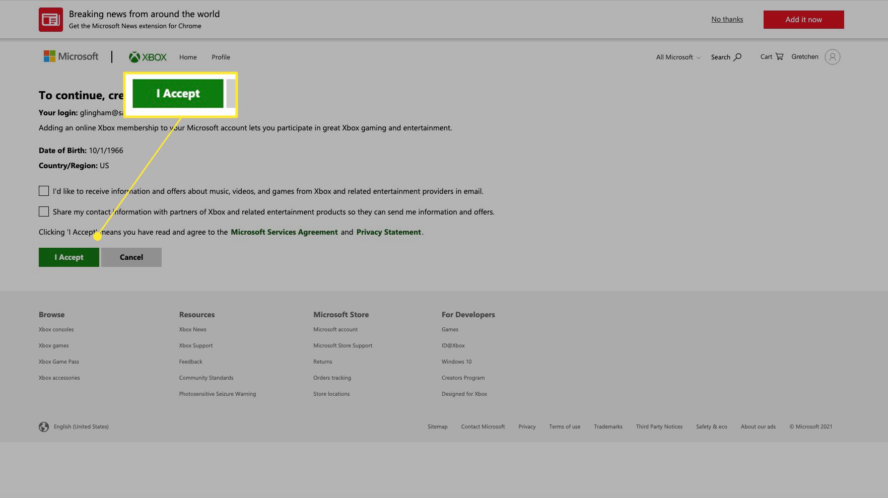 Inscrição do Xbox Game Pass com "Aceito" destacado
