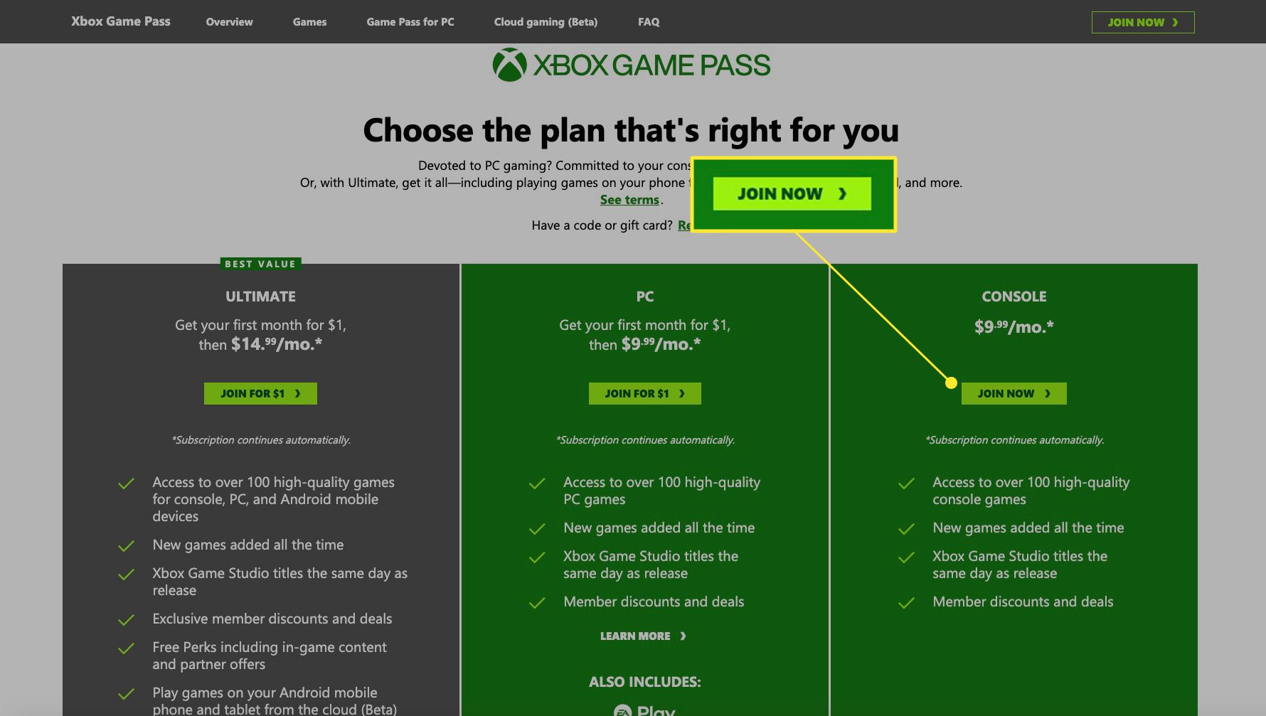 Xbox Game Pass com Inscreva-se Agora em destaque