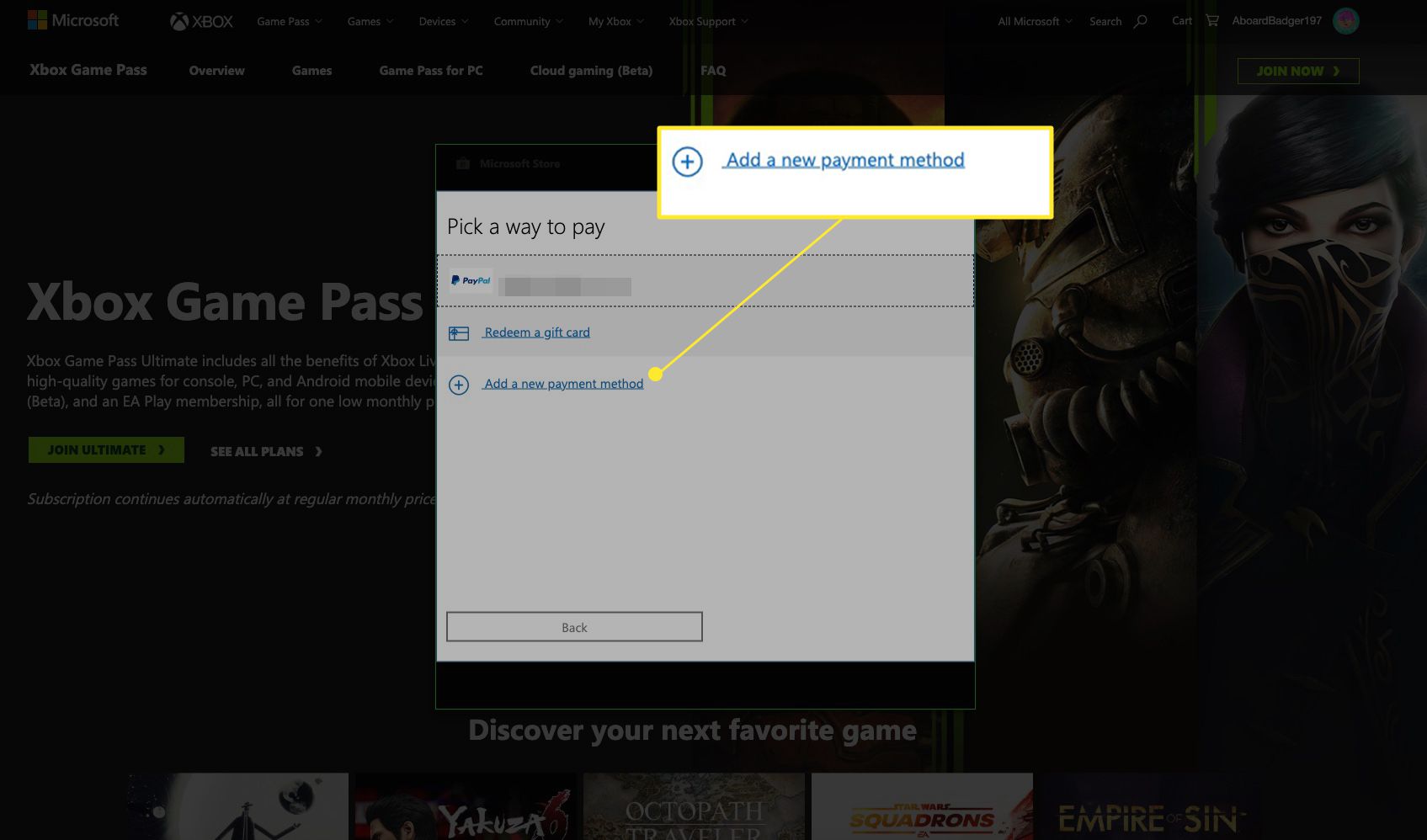 Adicionar novo método de pagamento destacado na inscrição do passe Xbox GAME