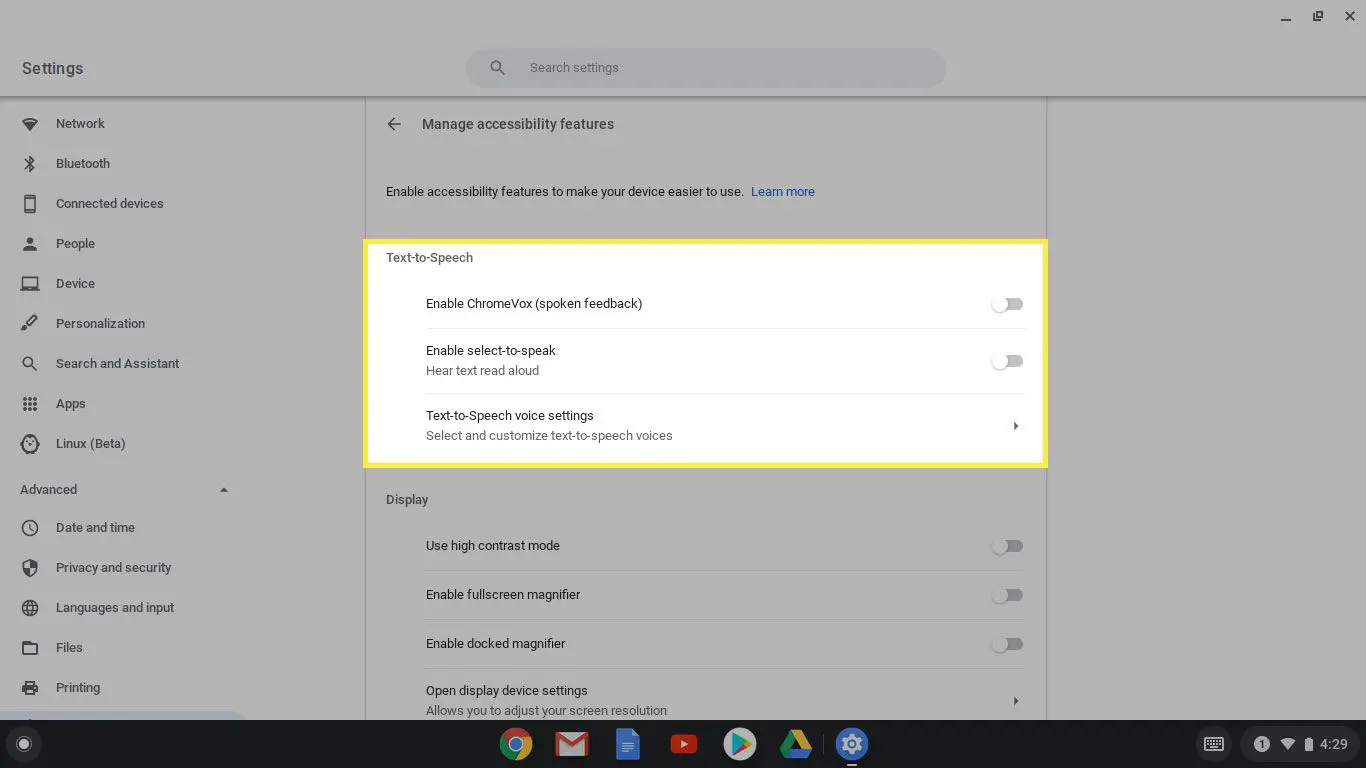 Opções de conversão de texto em voz nas configurações do Chromebook