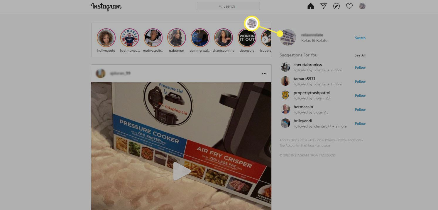 Instagram - selecione o ícone do perfil no canto superior direito