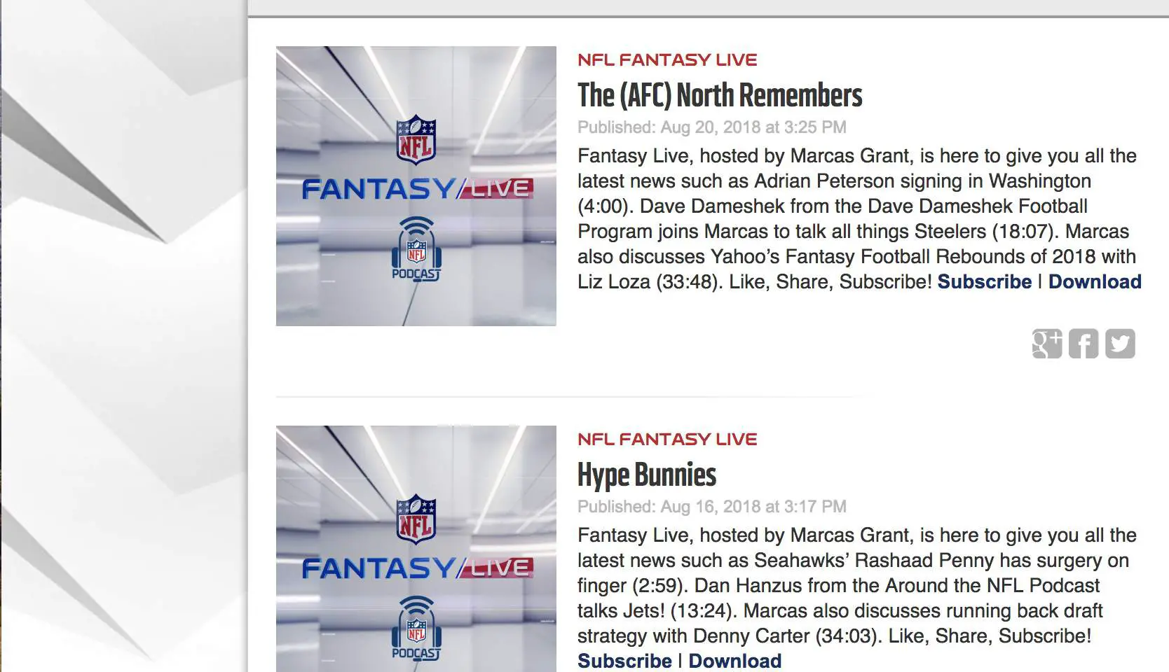 Captura de tela da página de podcast do NFL Fantasy Live.