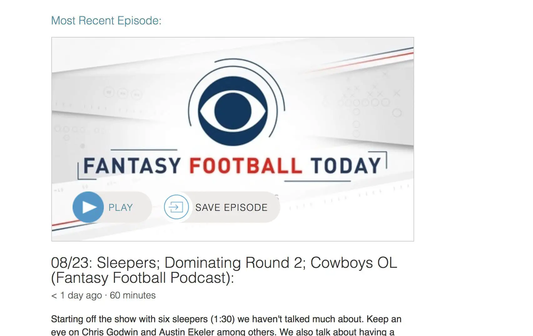 Captura de tela da página do podcast do Fantasy Football Today no Stitcher.