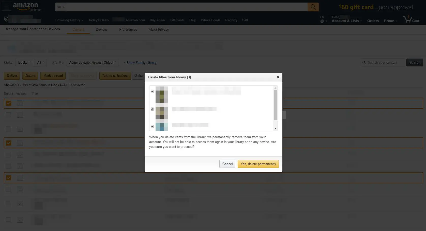Amazon.com com caixa de diálogo de exclusão de livro exibida