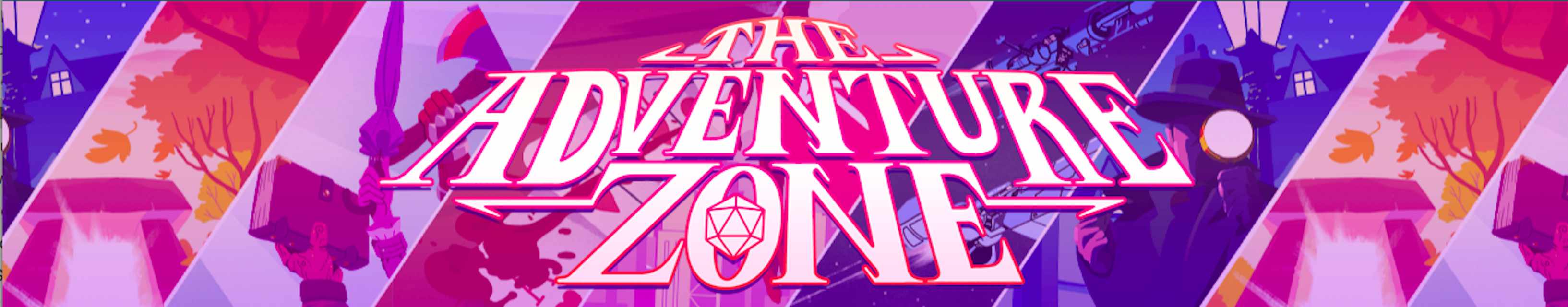 Arte do cabeçalho de The Adventure Zone com cenas ilustradas de jogos que eles jogaram.
