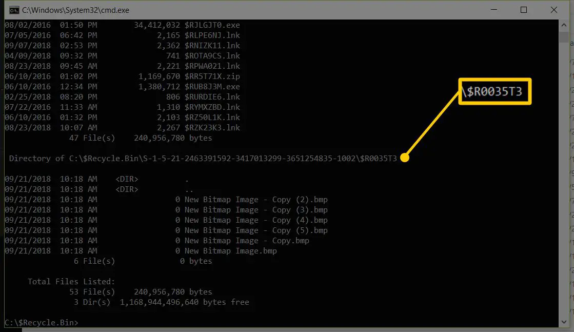 Captura de tela do prompt de comando do Windows 10 mostrando o nome do arquivo da pasta a ser restaurada