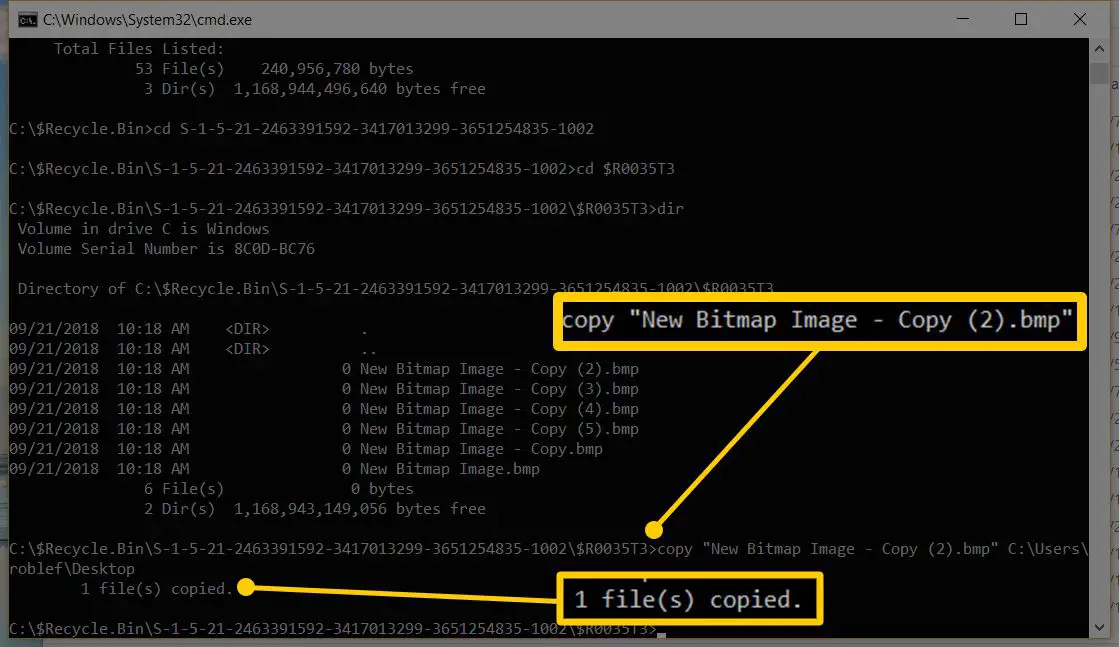 Captura de tela do prompt de comando do Windows mostrando o comando de cópia e o resultado do arquivo