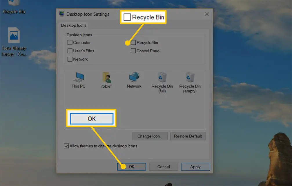 Captura de tela da janela Configurações do ícone da área de trabalho no Windows 10, mostrando a caixa de seleção Lixeira e o botão OK