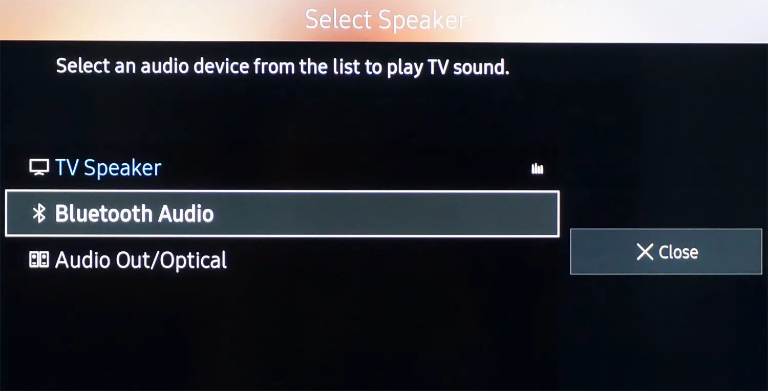 Exemplo de menu de configurações de som da TV - Saída de áudio Bluetooth