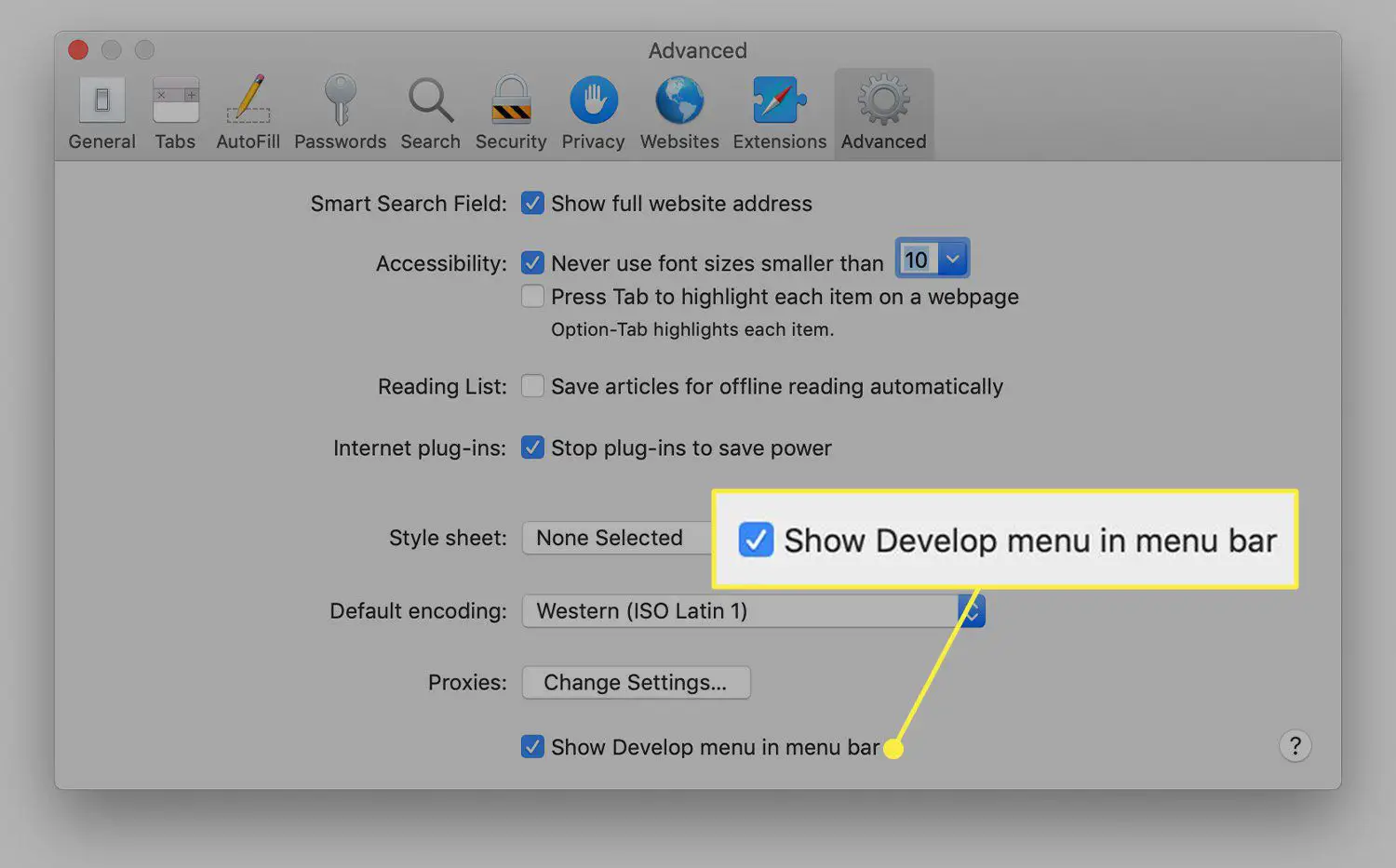 Configurações avançadas do Safari com a opção "Mostrar menu de desenvolvimento" destacada