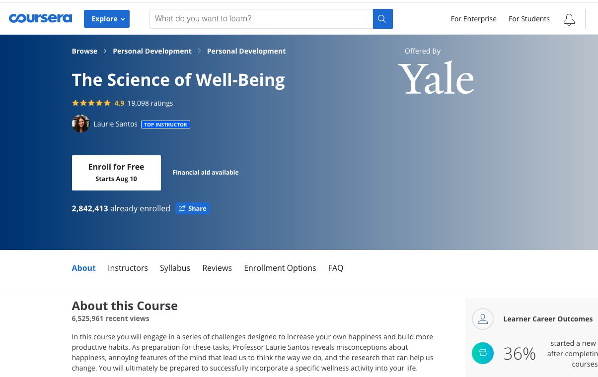 Curso Coursera sobre Ciência do Bem-Estar oferecido por Yale