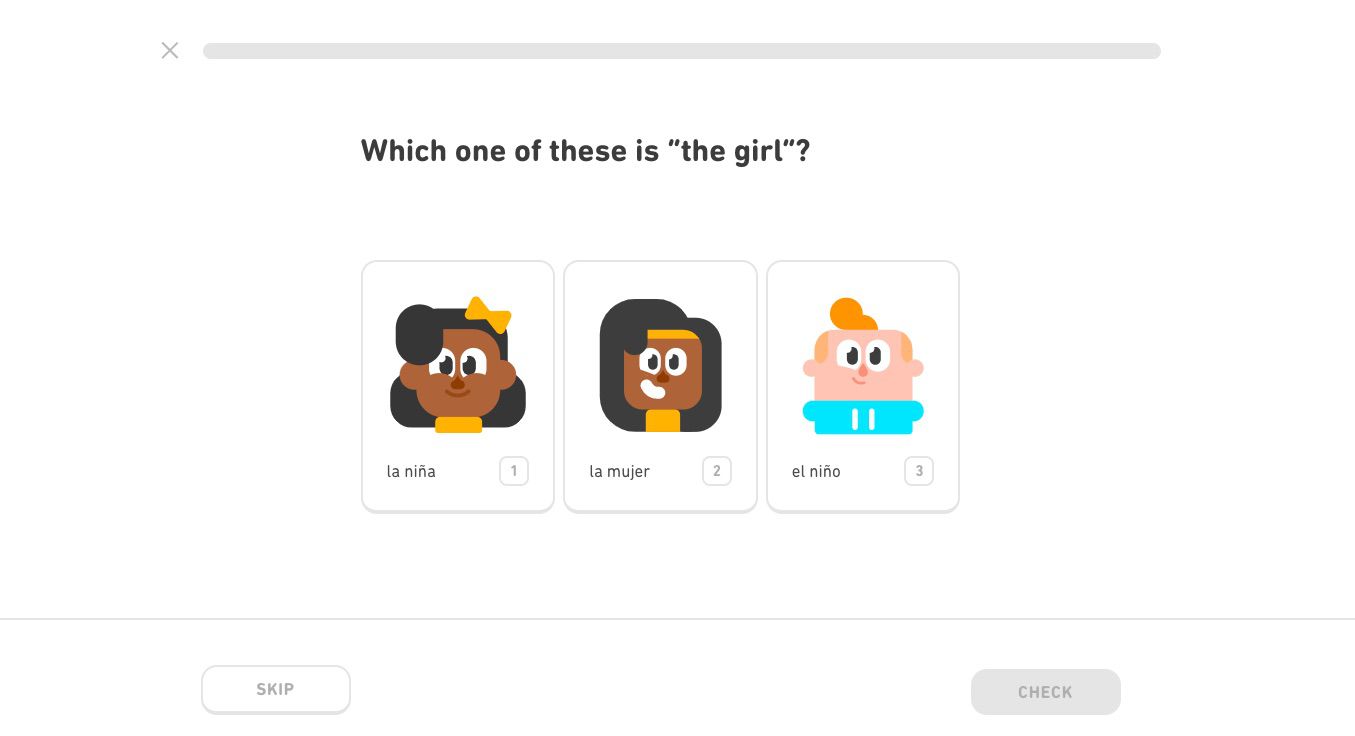 Aula introdutória de espanhol do Duolingo perguntando "Qual dessas é a garota?"
