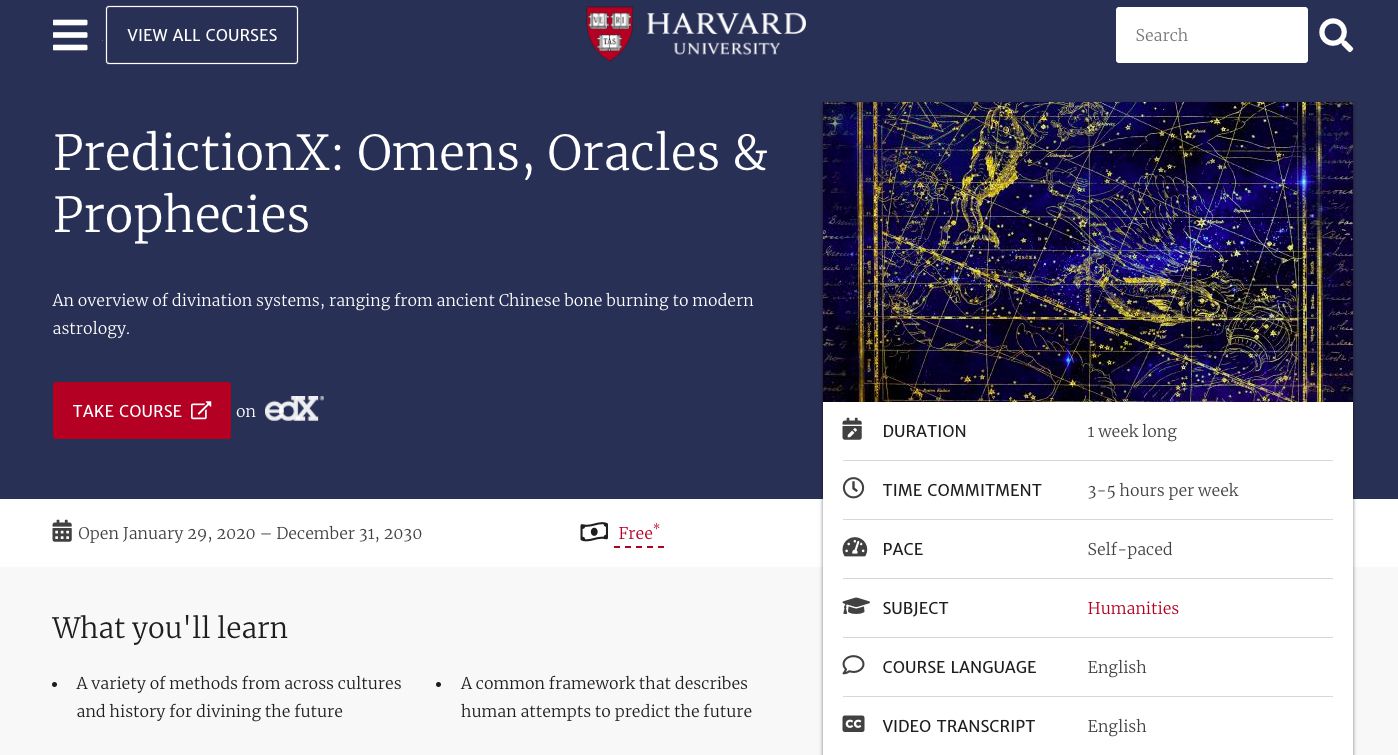 Descrição do curso Harvard Online Learning para "PredictionX" Omens, Oracles, & Prophecies "