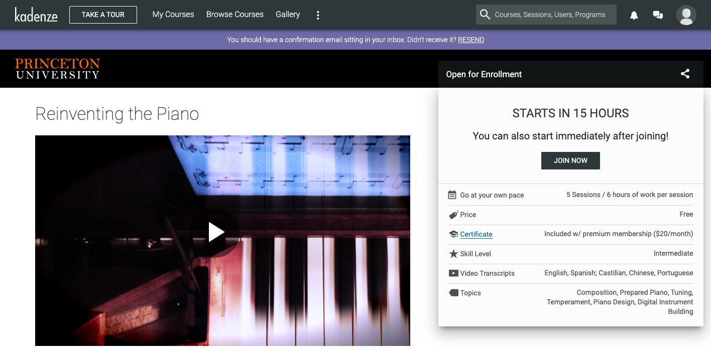 Inscrição no curso de aprendizagem on-line Kadenze para a aula "Reinventando o Piano"