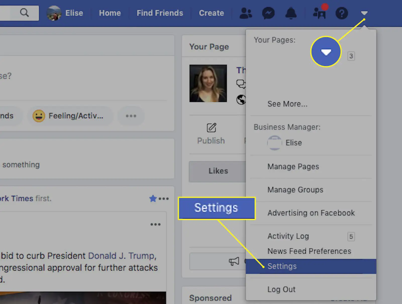 Opção de configuração do Facebook selecionada no menu de seta para baixo