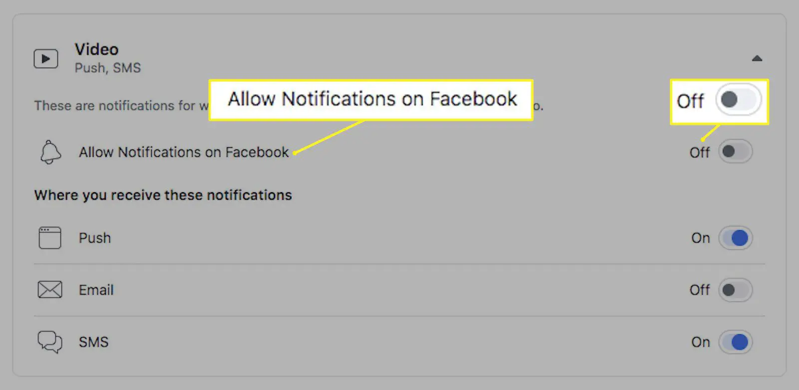 Configurações de notificação de vídeo para Facebook