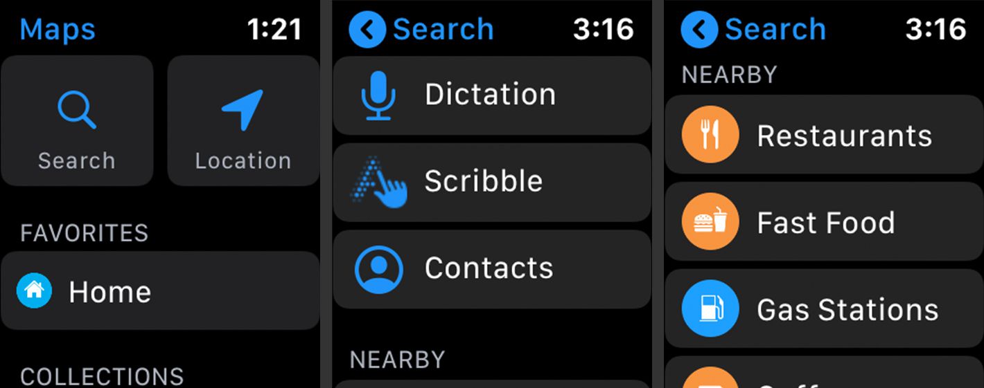 Opções de pesquisa no aplicativo Apple Watch Maps