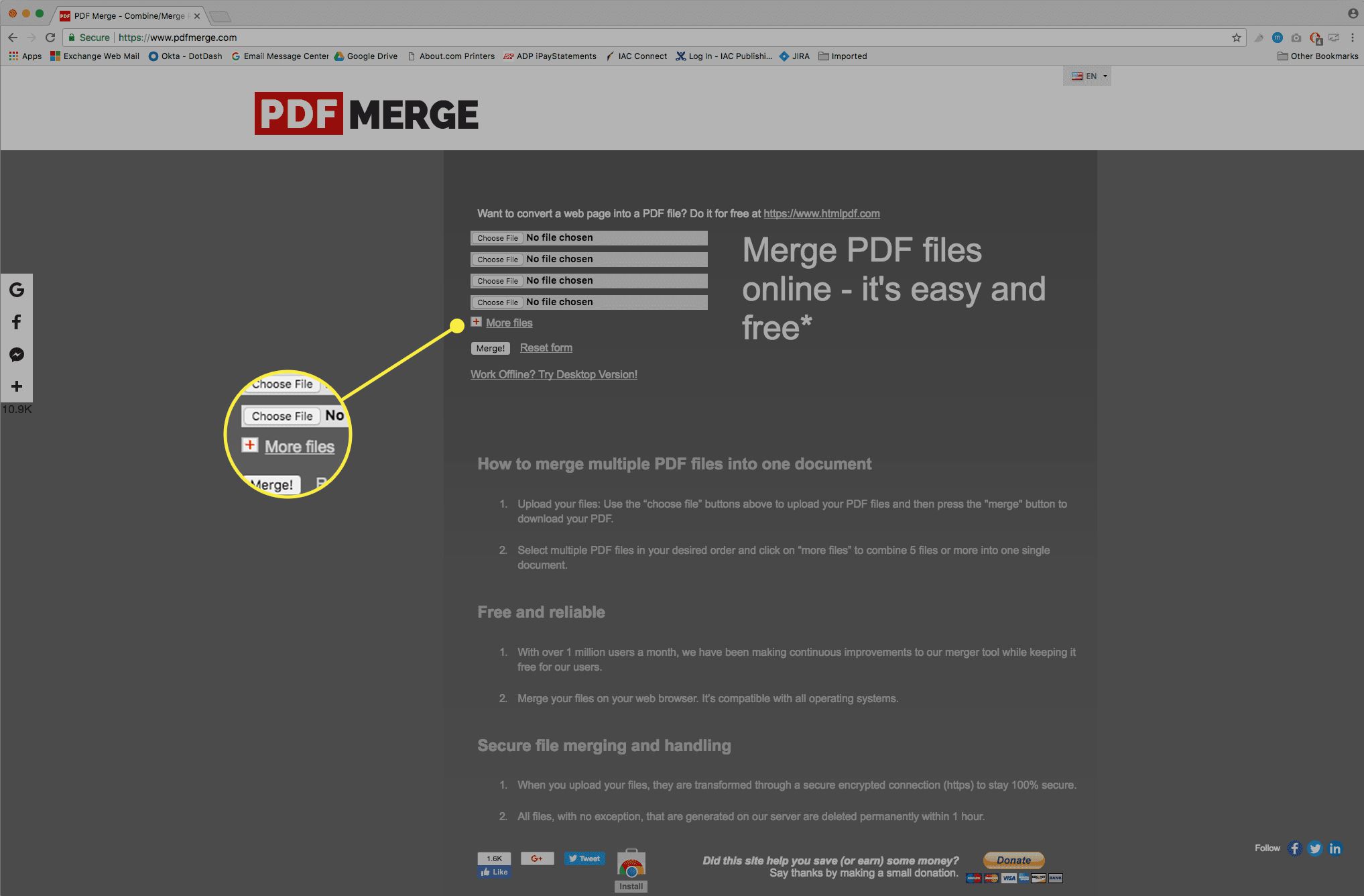 As opções Escolher arquivo e mais arquivos no PDF Merge
