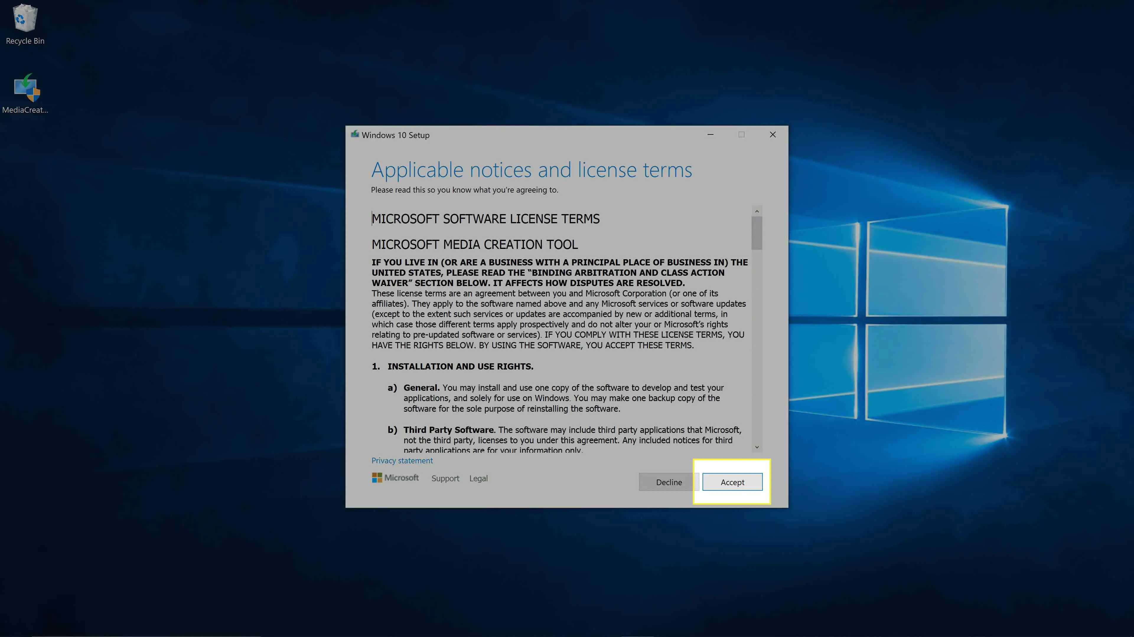 Termos e condições da Ferramenta de Criação de Mídia do Windows 10.