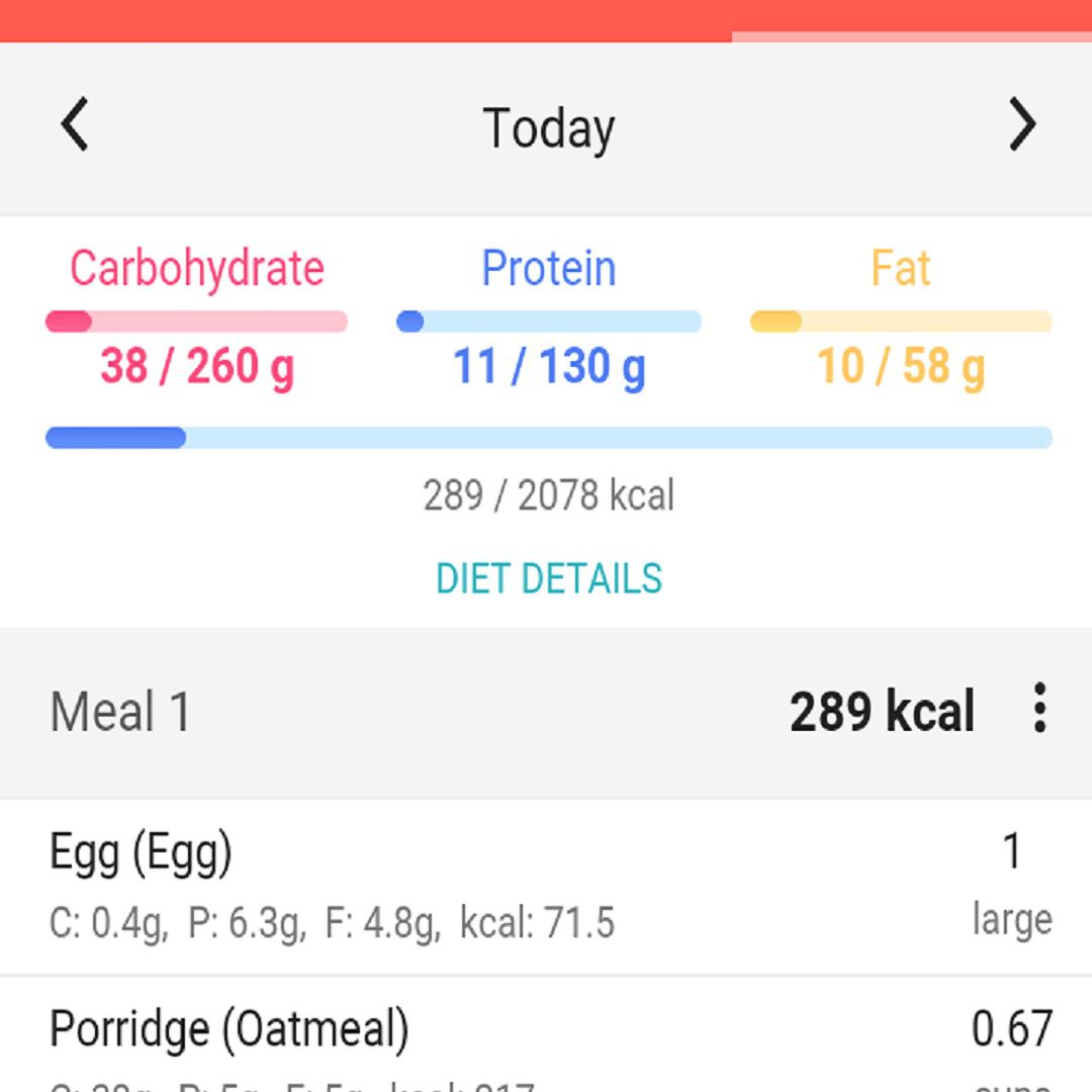 Uma captura de tela do aplicativo Macros que mostra uma lista de alimentos consumidos em um determinado dia com as estatísticas de carboidratos, proteínas, gorduras e número total de quilo-calorias.
