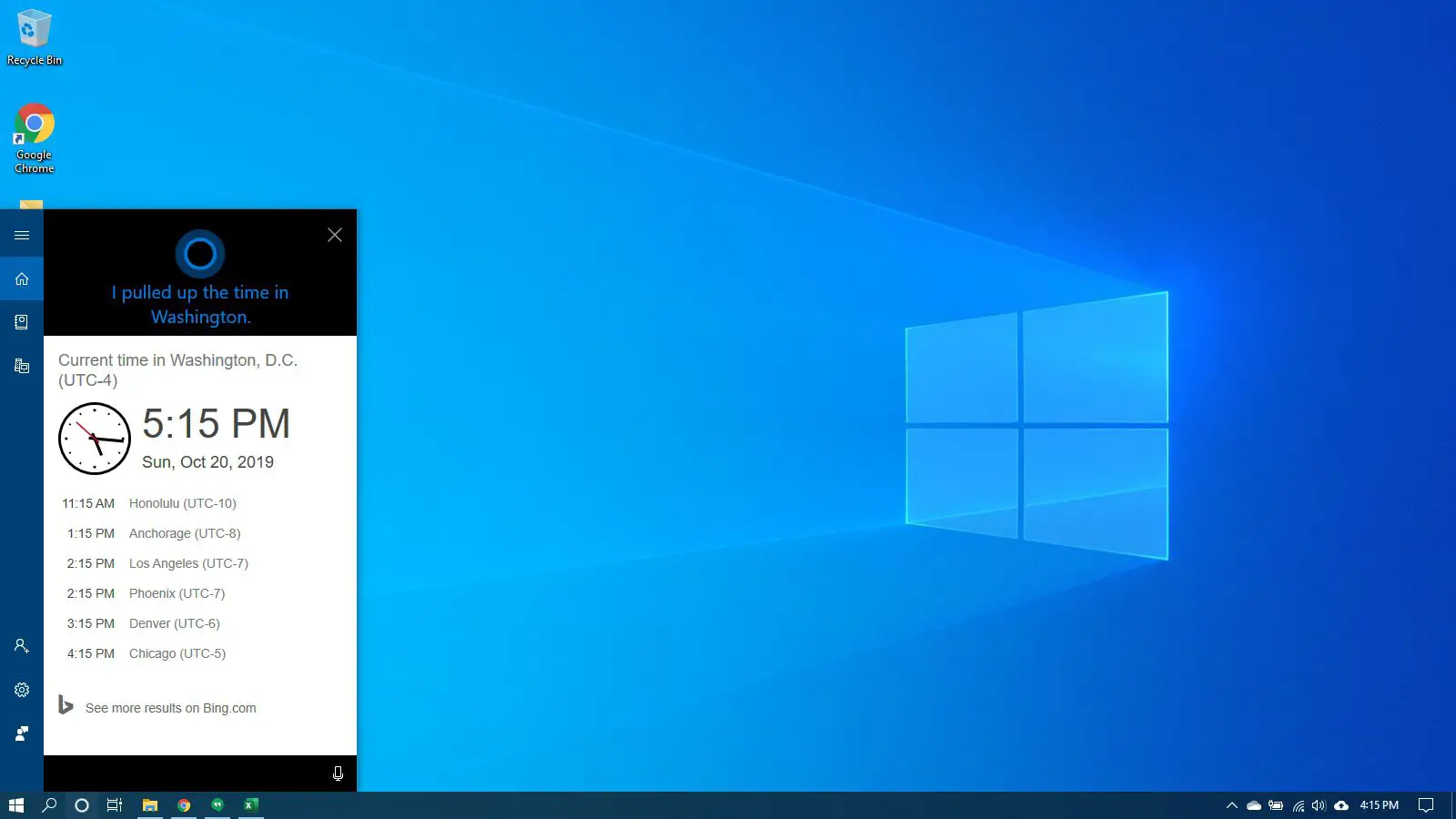 Cortana dando a hora no Windows 10.