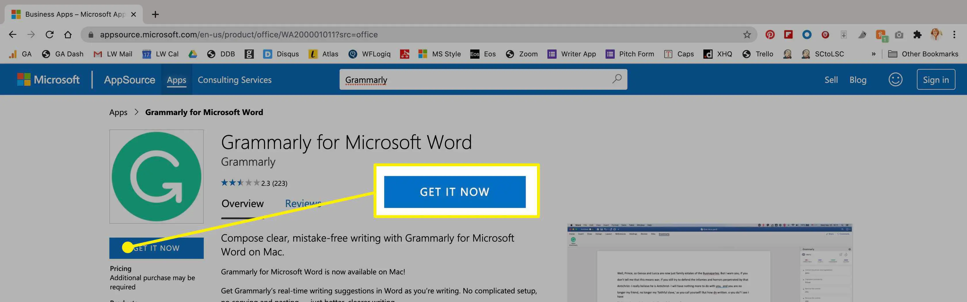 O aplicativo Grammarly na Microsoft Store no Mac.