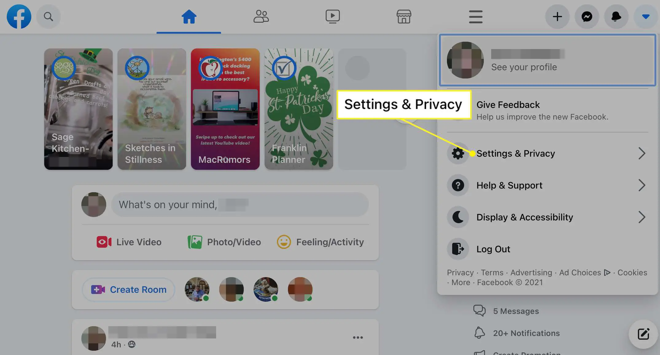 Configurações e privacidade do Facebook selecionados no menu