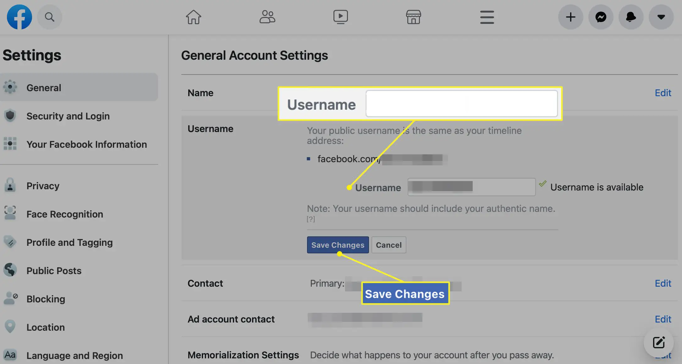 Configurações gerais da conta do Facebook com nome de usuário destacado