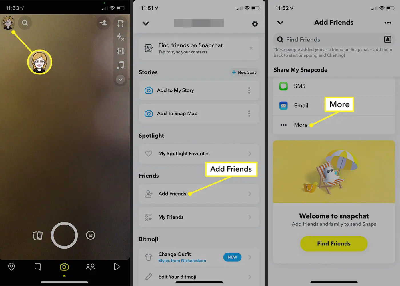 Aplicativo Snapchat mostrando o caminho para compartilhar snapcode