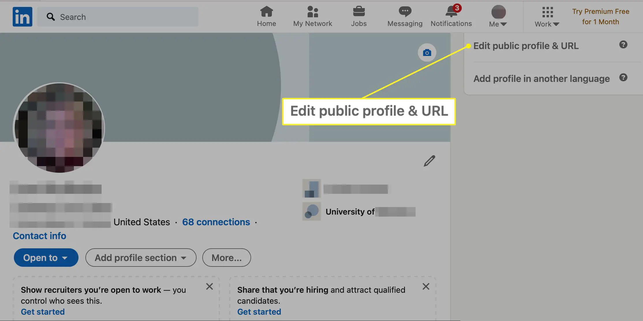 Editar perfil público e URL selecionados no LinkedIn