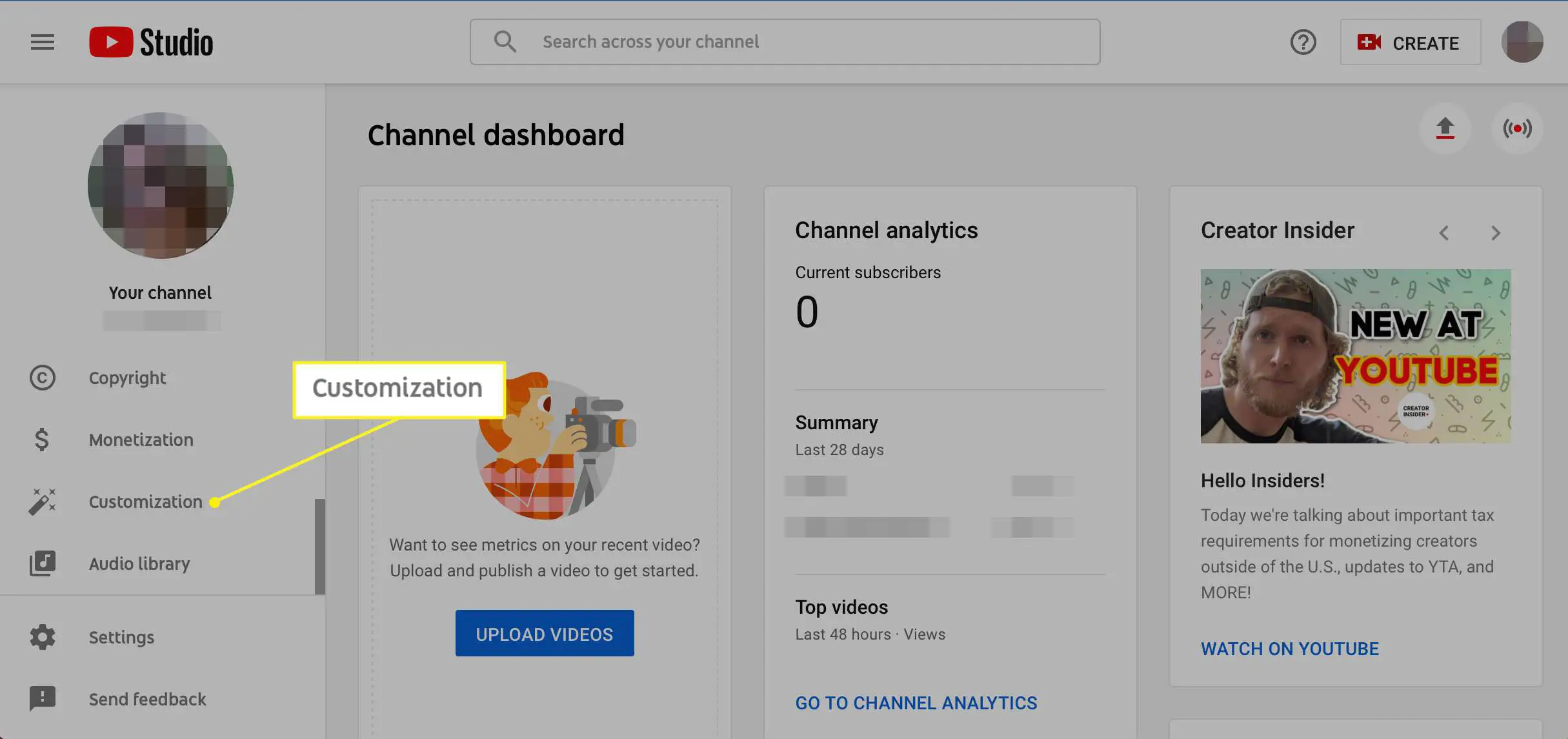 Barra lateral do canal do YouTube com personalização selecionada
