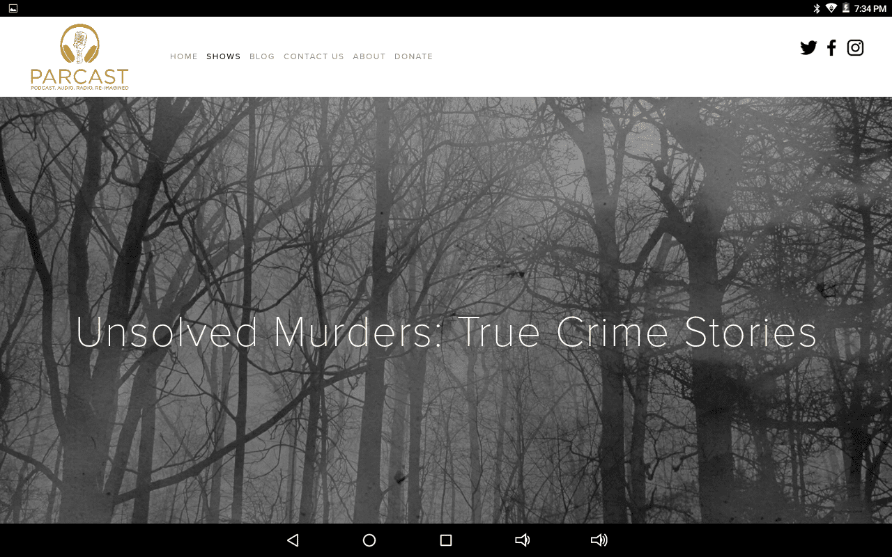 Página inicial do podcast de assassinatos não resolvidos