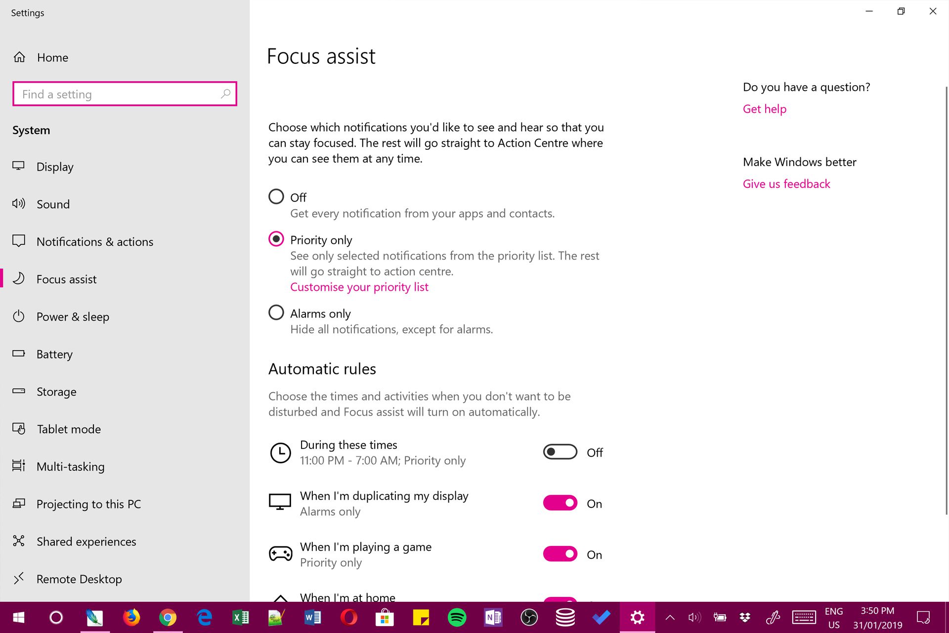 Configurações do Assistente de Foco em Horas Silenciosas do Windows 10.
