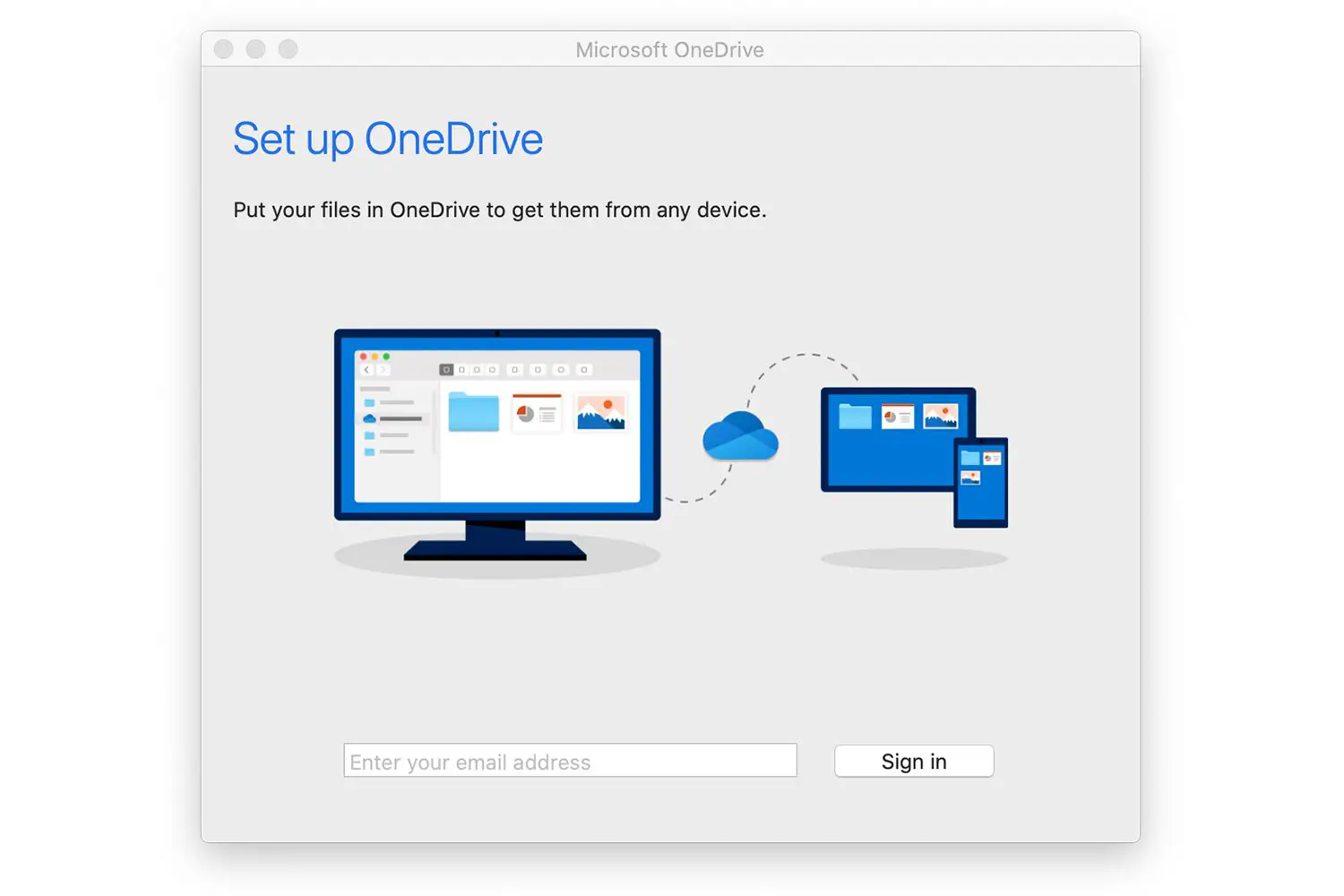 Tela de configuração do OneDrive em um Mac