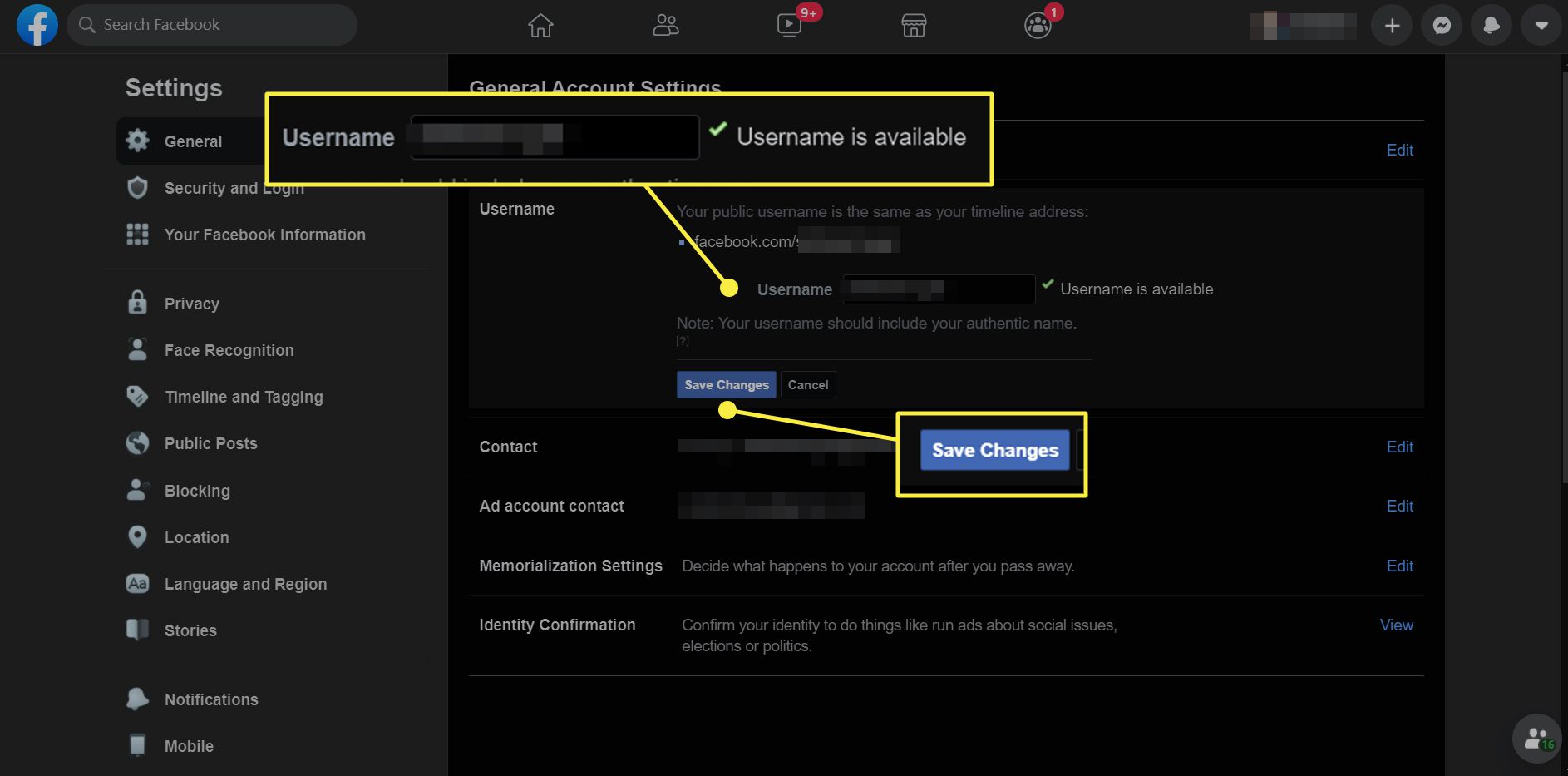 Uma página de configurações do Facebook com o campo Nome de usuário e o botão Salvar alterações destacados.