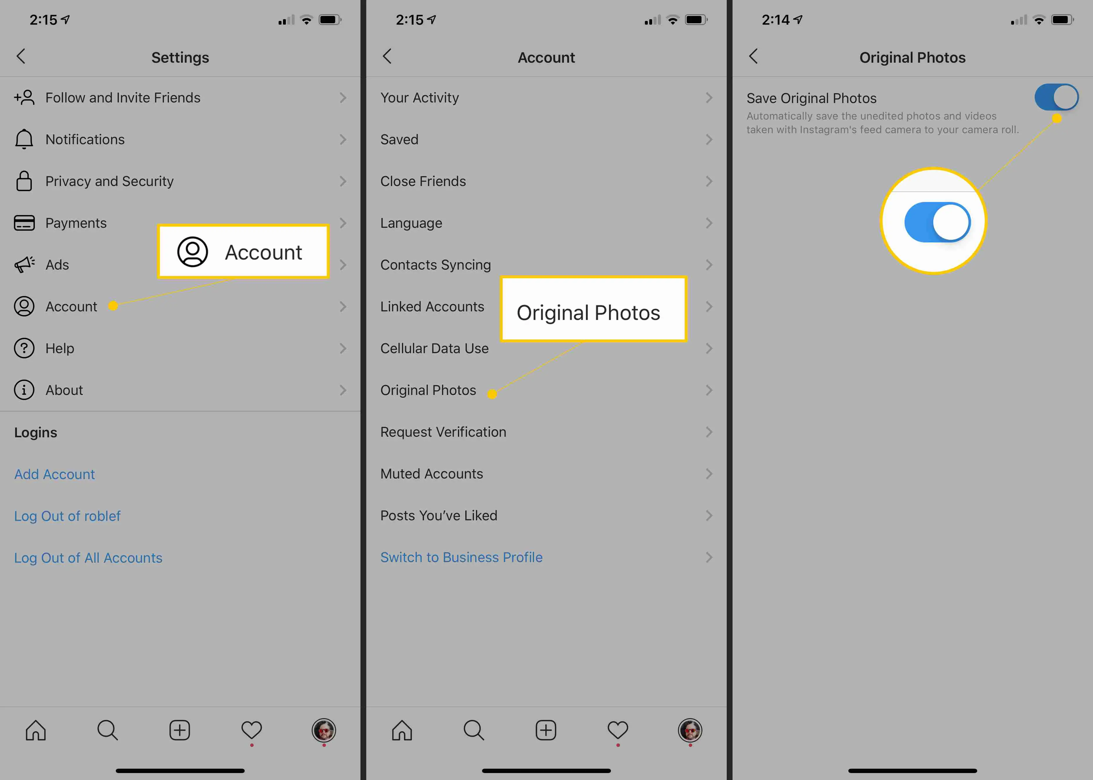 Conta, fotos originais e Salvar fotos originais são alternados para ATIVADO nas configurações do Instagram do iOS