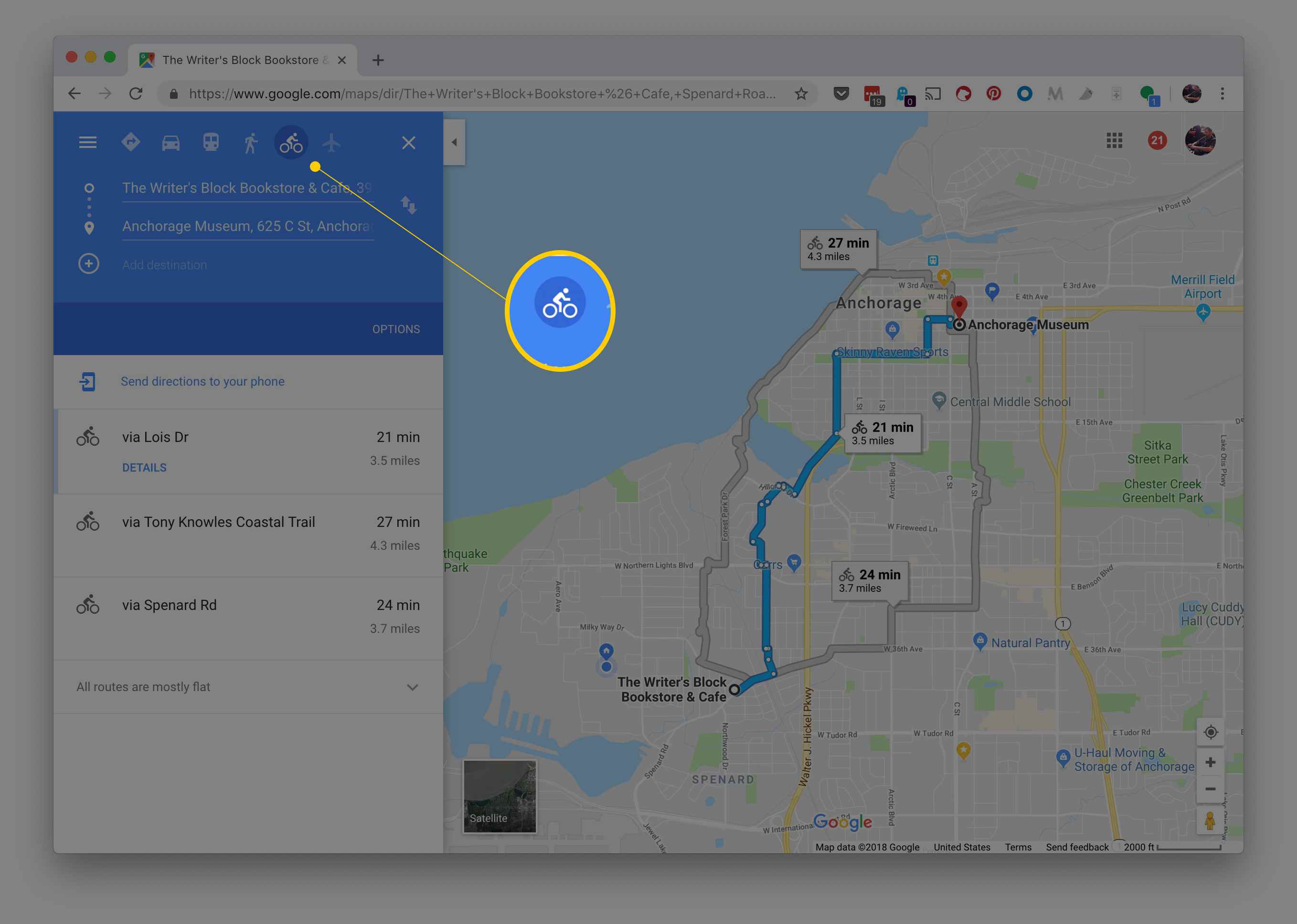 O botão de rotas de bicicleta no Google Maps