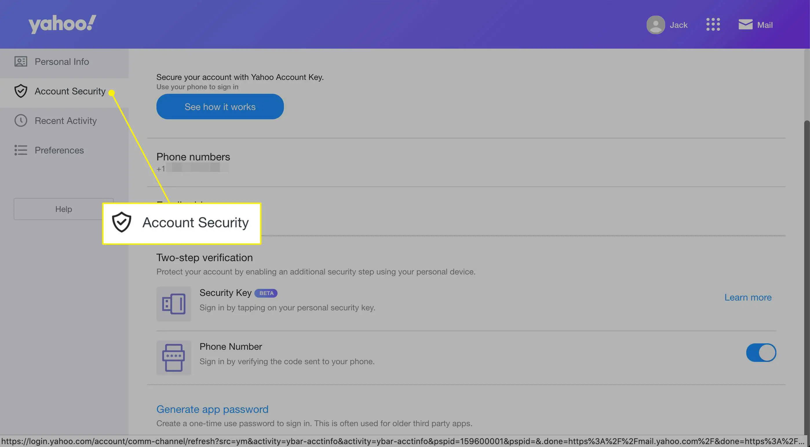 O título Segurança da conta no Yahoo