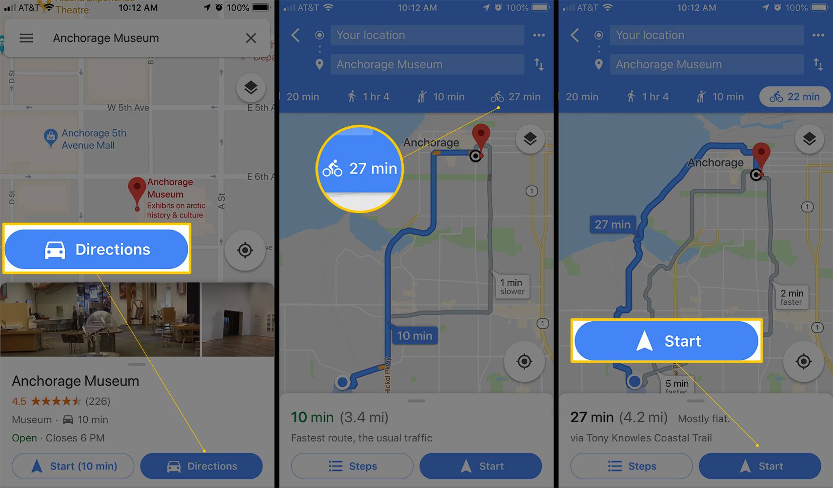 Três telas do iOS mostrando os botões Rotas, Bicicleta e Iniciar no Google Maps
