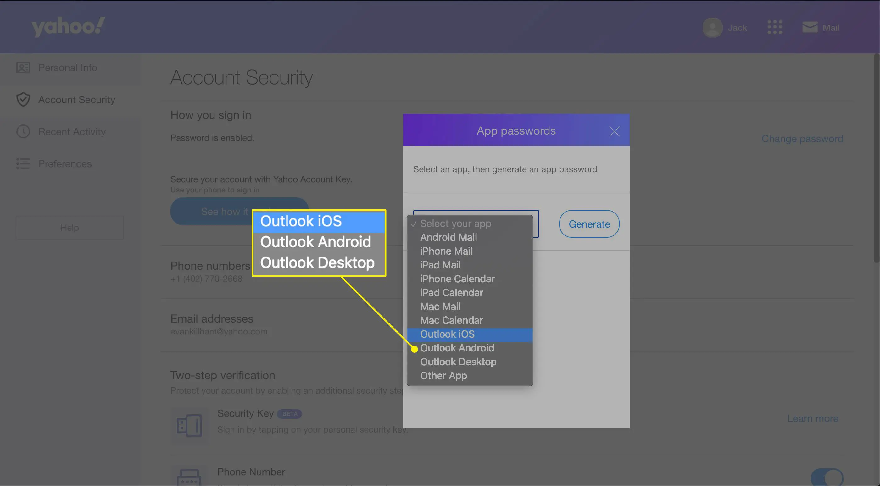 Selecione suas preferências de aplicativo no Yahoo Mail