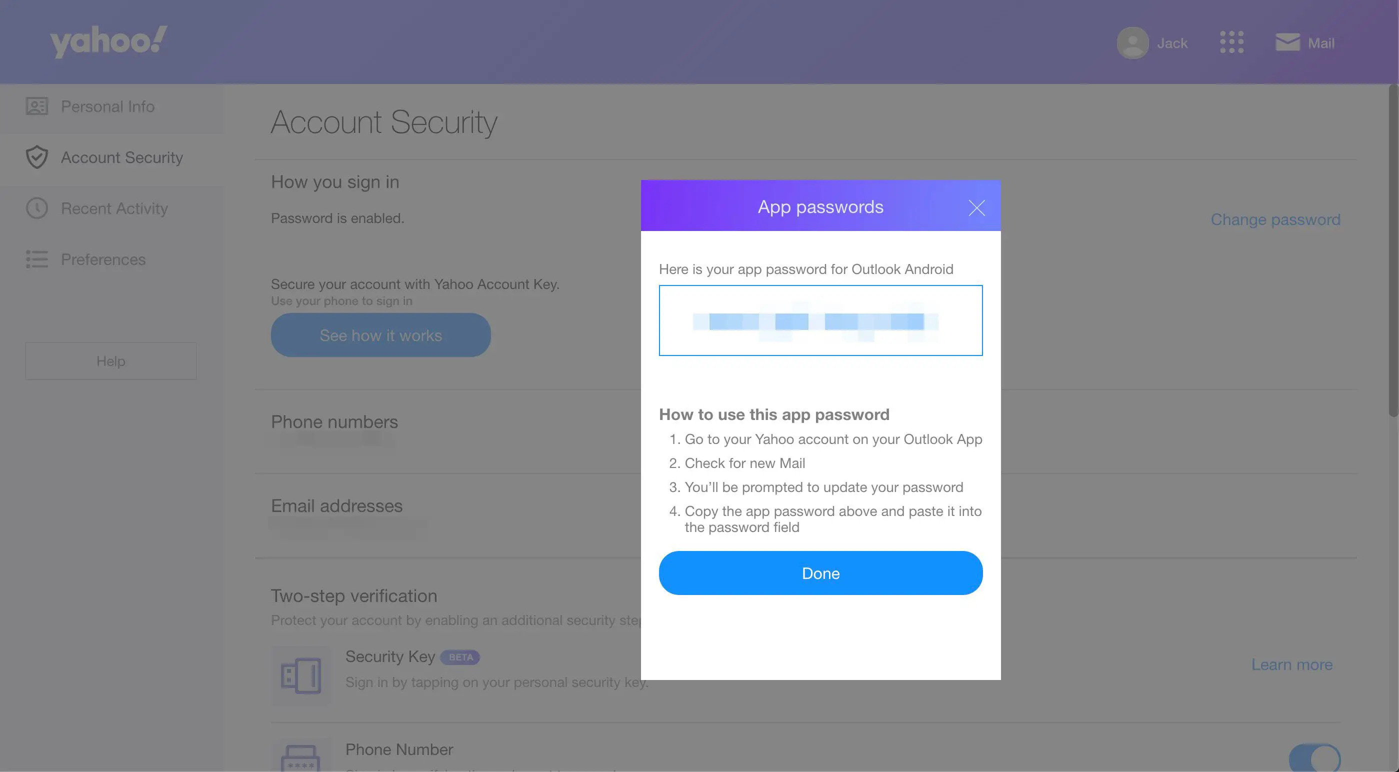 Instruções para uma senha de aplicativo no Yahoo Mail